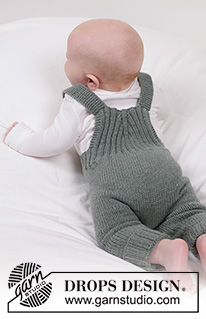 Good Times Overall / DROPS Baby 45-7 - Vauvan ylhäältä alas neulotut housut DROPS Merino Extra Fine -langasta. Työssä on joustinneuletta. Koot 0 - 4 vuotta.