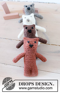 Tiny Bear / DROPS Baby 46-17 - Strikket legetøjsbamse til baby og børn i DROPS Merino Extra Fine. Arbejdet strikkes oppefra og ned i retstrik med broderede øjne og snude. Tema: Tøjdyr.
