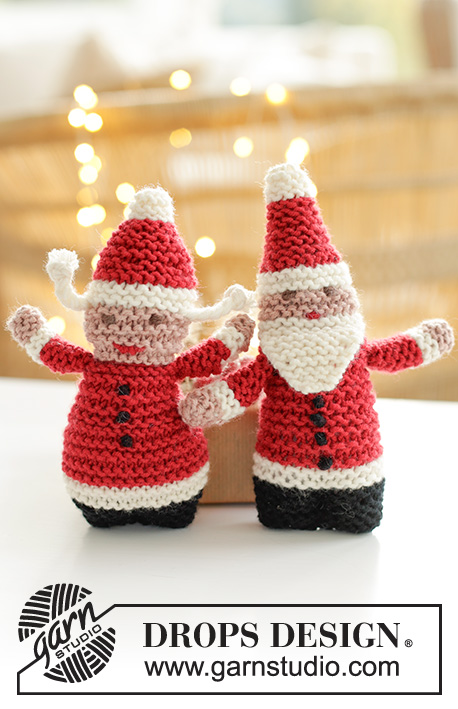 Hello Santa / DROPS Baby 46-21 - Pai Natal e Mãe Natal tricotados para bebé e criança em DROPS Merino Extra Fine. Tricotam-se de cima para baixo, em ponto jarreteira com bordados.