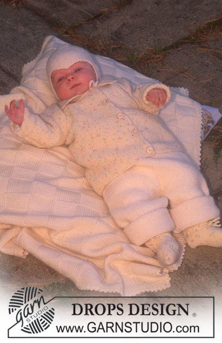 DROPS Baby 6-13 - DROPS trøje med og uden ærmegabsaflukning, bukser, djævlehue og sokker i Baby-uld. DROPS tæppe i Karisma Superwash. Tema: Babytæppe
