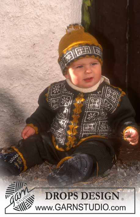 Tiny Mountaineer / DROPS Baby 6-14 - Gilet, pantalon et bonnet DROPS en Camelia ou BabyMerino en jacquard avec motif étoiles et carrés