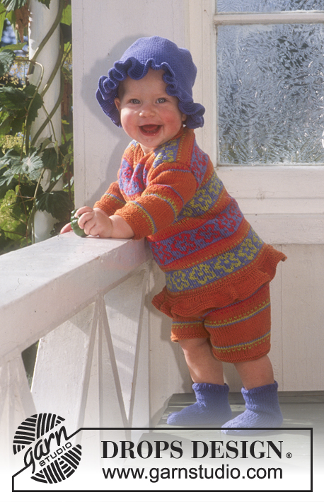 Little Ivy / DROPS Baby 6-6 - Conjunto: pulôver, calções e meias tricotadas em DROPS Safran e chapéu crochetado em DROPS Safran. Dos 0 meses ao 6 anos.