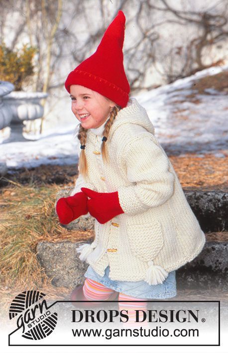 Elf Warmers / DROPS Children 12-23 - Giacca DROPS in Snow e berretto di Natale e guanti infeltriti in Alaska.