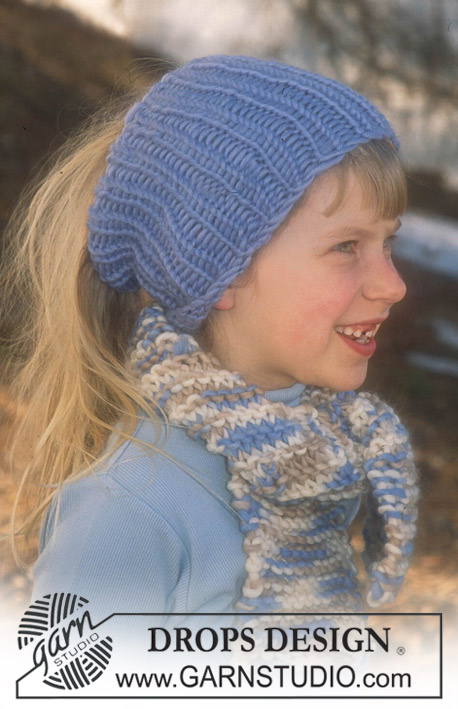 DROPS Children 12-31 - Strikket sæt med tubehue / pandebånd  og halstørklæde til børn i DROPS Snow. Arbejdet strikkes med rib og retstrik. Størrelse 3 - 14 år.