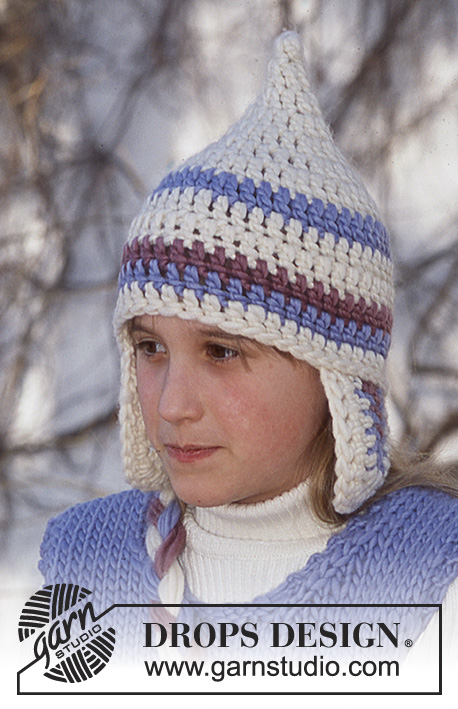 Snow Gnome Hat / DROPS Children 12-52 - Bonnet avec cache-oreilles, crocheté en DROPS Snow. Taille enfant 3/5 – 6/9 – 10/14 ans.