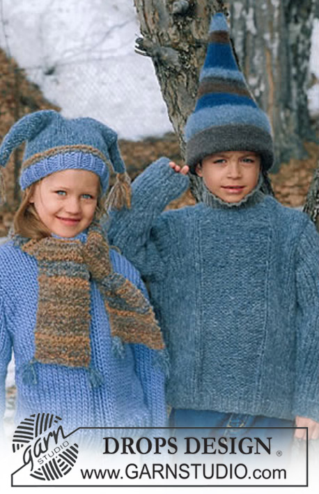 DROPS Children 12-7 - Strikket sett med genser og lue til barn i DROPS Highlander og DROPS Alaska. Arbeidet strikkes med riller og strukturmønster og luen toves. Størrelse 3 - 14 år.