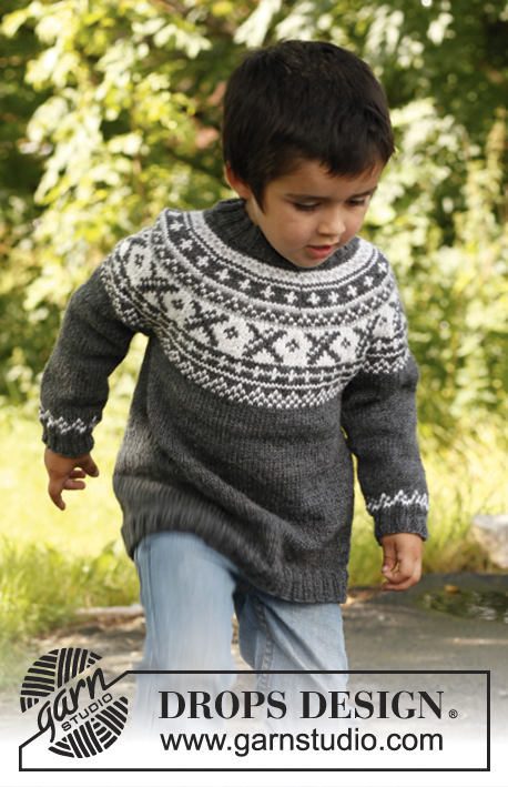 David / DROPS Children 22-15 - Kötött DROPS pulóver fentről kezdve, kerek vállrésszel és norvégmintával Karisma vagy Merino Extra Fine fonalból. 3 -12 éves méretekben
