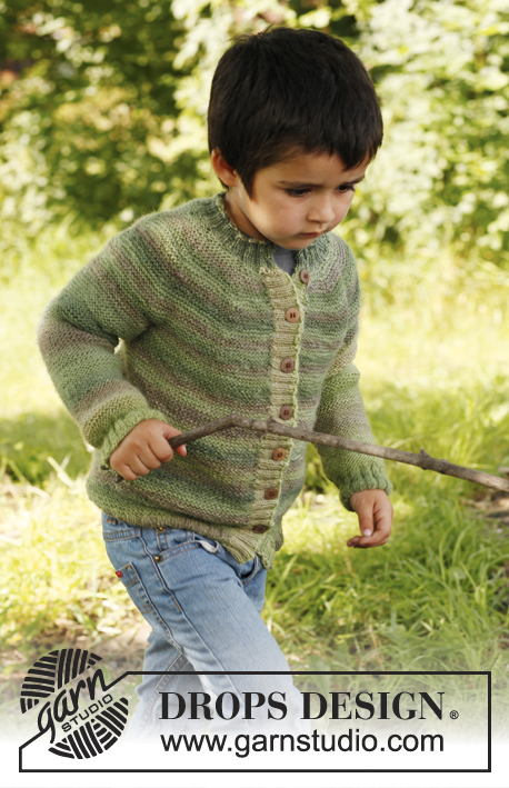Heathcliff / DROPS Children 22-5 - Sweter rozpinany na drutach ściegiem francuskim z zaokrąglonym karczkiem z włóczki DROPS Delight. Rozmiary od 3 do 12 lat.