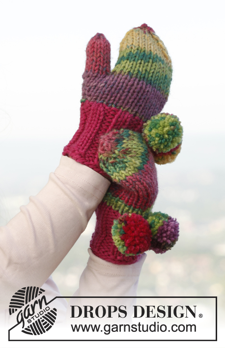 Tuttifrutti / DROPS Children 23-39 - Luvas sem dedos com pompons para criança tricotadas com 1 fio DROPS Big Fabel ou 2 fios DROPS Fabel.