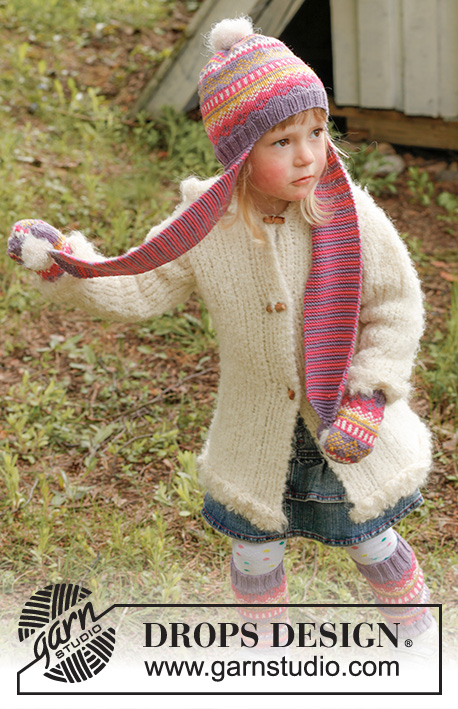 Winter belle / DROPS Children 23-43 - Veste tricotée en DROPS Alpaca Bouclé, avec bordures au crochet en DROPS Puddel.
