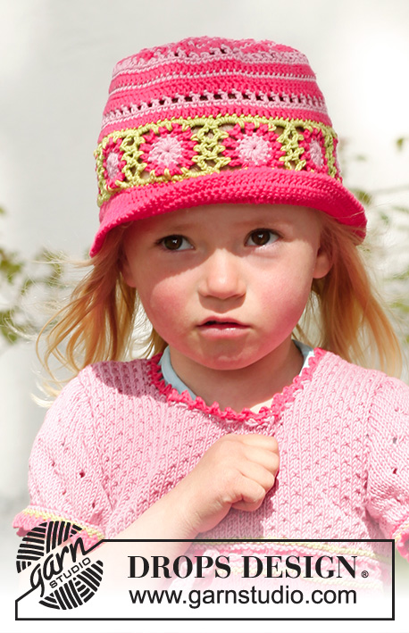 Sweet berries hat / DROPS Children 23-48 - Chapeau crocheté en DROPS Safran. Taille enfant du 3 au 12 ans. 