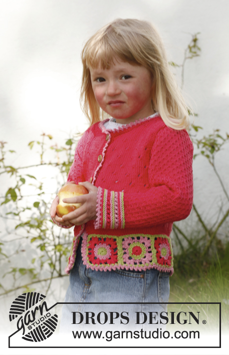 Sweet berry cardigan / DROPS Children 23-50 - Gebreid vest met gehaakte omavierkantjes in DROPS Safran. Maat kinderen 3 tot 12 jaar.
