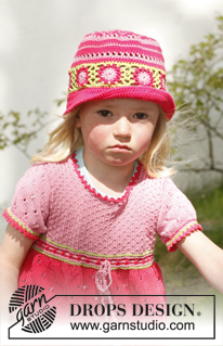 Sweet berry cardigan / DROPS Children 23-50 - Gebreid vest met gehaakte omavierkantjes in DROPS Safran. Maat kinderen 3 tot 12 jaar.
