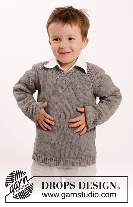 Funny Phil / DROPS Children 26-9 - Sweterek na drutach z reglanem, z dekoltem w kształcie litery V, z włóczki DROPS Belle. Od 2 do 10 lat