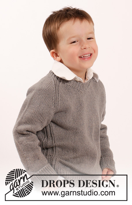 Funny Phil / DROPS Children 26-9 - Pull tricoté avec emmanchures raglan et avec encolure V, en  DROPS Belle. Pour enfant du 2 au 10 ans