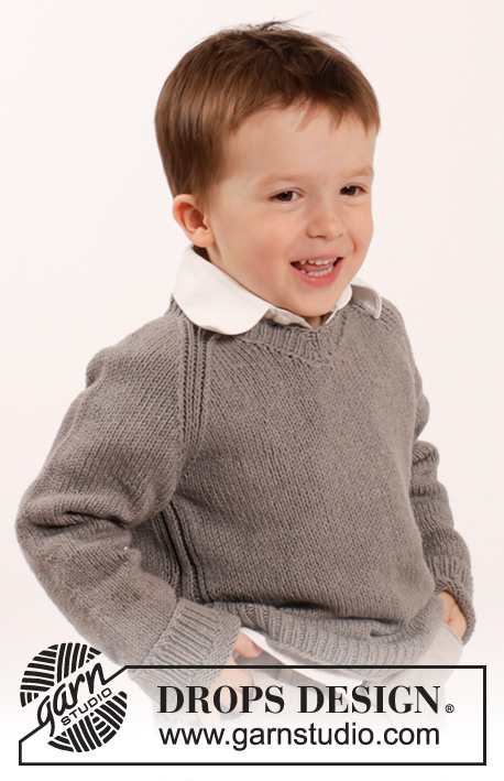 Funny Phil / DROPS Children 26-9 - Pull tricoté avec emmanchures raglan et avec encolure V, en  DROPS Belle. Pour enfant du 2 au 10 ans
