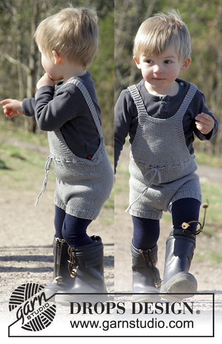 The Little Lumberjack / DROPS Children 27-11 - Dětské krátké kalhoty – kraťasy s laclem a kšandami pletené z příze DROPS Cotton Merino. Velikost: 1 - 24 měsíců.