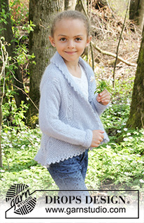 Alvina / DROPS Children 27-12 - Cardigan lavorato ai ferri a cerchio a maglia legaccio con motivo a foglie in DROPS BabyAlpaca Silk e DROPS Kid-Silk. Taglie: 3 - 12 anni.