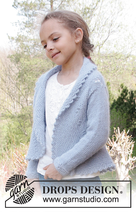Alvina / DROPS Children 27-12 - Knitted circle jacket in garter st with leaf pattern in DROPS BabyAlpaca Silk and DROPS Kid-Silk. Size children 3 - 12 years