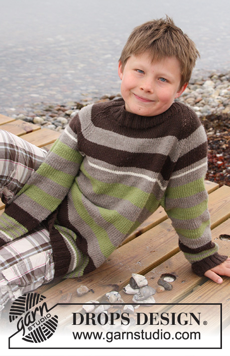 Sticks and Stones / DROPS Children 27-18 - Knitted jumper with stripes and raglan, worked top down in DROPS Merino Extra Fine. Size children 3 to 14 years.