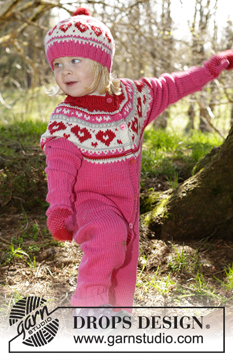 Warmhearted / DROPS Children 27-2 - Jumpsuit strikket ovenfra og ned med nordisk mønster og rundt bærestykke i DROPS Merino Extra Fine til børn str 1 - 6 år.