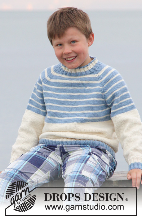 Water Stripes / DROPS Children 27-25 - Sweterek na drutach, z raglanem, z włóczki DROPS Merino Extra Fine lub Sky. 
Od 3 do 14 lat.