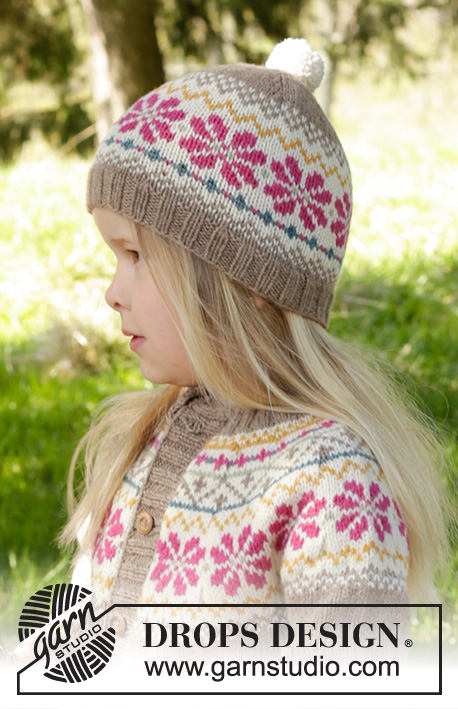 Prairie Fairy Hat / DROPS Children 27-6 - Dětská čepice s norským vzorem a bambulí pletená z příze DROPS Lima. Velikost: 3 roky - 12 let