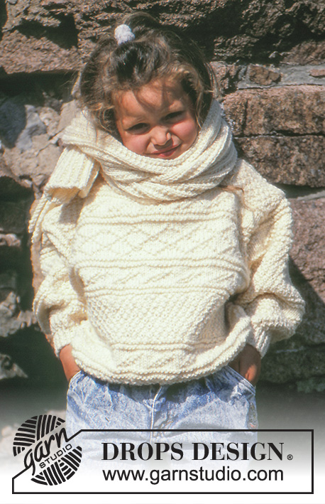 DROPS Children 3-3 - Strukturstickad tröja i Alaska med halsduk i Karisma