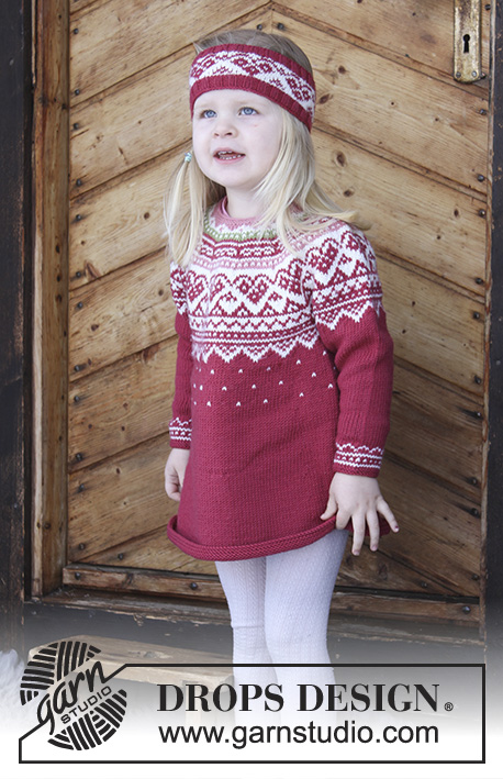 Visby Tunic / DROPS Children 30-11 - L'ensemble se compose de: Tunique au tricot pour enfant avec empiècement arrondi, jacquard norvégien et forme trapèze, tricotée de haut en bas. Bandeau au tricot avec jacquard norvégien. Du 2 au 12 ans. L’ensemble se tricote en DROPS Merino Extra Fine.