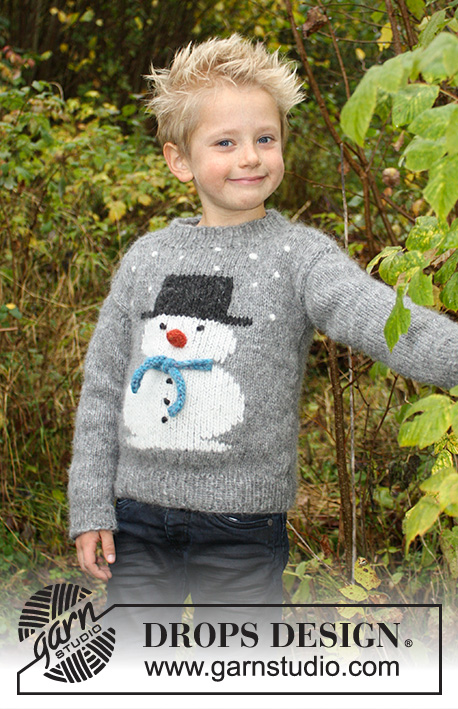 Frosty's Christmas Kids / DROPS Children 30-28 - Prjónuð peysa / jólapeysa fyrir börn með snjókalli. Stærð 2-12 ára. Stykkið er prjónað úr DROPS Air eða DROPS Nepal.