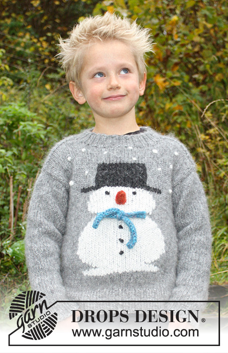Frosty's Christmas Kids / DROPS Children 30-28 - Stickad jultröja med snögubbe till barn storlek 2 – 12 år.
Tröjan är stickad i DROPS Air.
