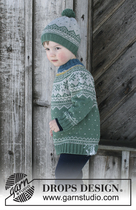 Seiland Jumper / DROPS Children 30-5 - Set consists of: Sweater for kids with round yoke and multi-colored Nordic pattern, worked top down. Hat with multi-colored Nordic pattern and pompom. Size 2 - 12 years Set is knitted in DROPS Merino Extra Fine.
