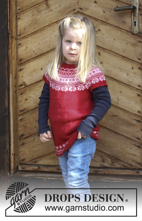 Lotta / DROPS Children 30-8 - Tunika mit Rundpasse und mehrfarbigem nordischem Muster für Kinder, gestrickt von oben nach unten. Größe 2 - 12 Jahre. Die Arbeit wird gestrickt in DROPS BabyMerino.