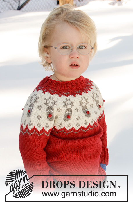 Little Red Nose / DROPS Children 32-10 - Dziecięcy sweter / sweter świąteczny na drutach, przerabiany od góry do dołu z włóczki DROPS Merino Extra Fine, z zaokrąglonym karczkiem i żakardem norweskim. Od 12 miesięcy do 12 lat.