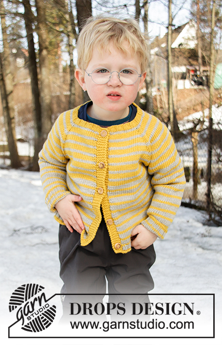Sunny Day Stripes Jacket / DROPS Children 32-14 - Dziecięcy rozpinany sweter na drutach, przerabiany od góry do dołu z włóczki DROPS Merino Extra Fine lub DROPS Muskat, z reglanowymi rękawami i w paski. Od 2 do 12 lat.
