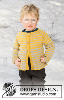 Sunny Day Stripes Jacket / DROPS Children 32-14 - Strikket jakke til børn med raglan i DROPS Merino Extra Fine. Arbejdet er strikket oppefra og ned med striber. Størrelse 2 – 12 år.