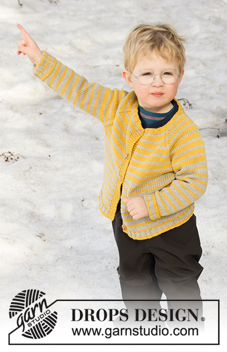 Sunny Day Stripes Jacket / DROPS Children 32-14 - Gilet enfant tricoté de haut en bas en DROPS Merino Extra Fine, avec emmanchures raglan et rayures. Du 2 au 12 ans.