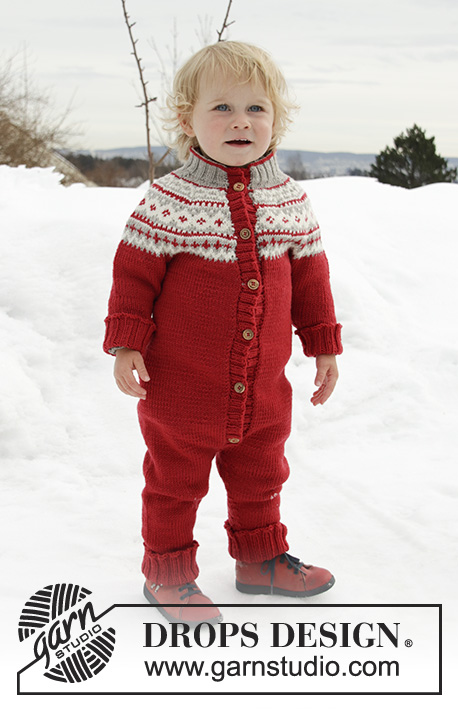 Miss Pantsy-Pants / DROPS Children 32-17 - Jardineira de criança tricotado de cima para baixo com encaixe arredondado em DROPS Merino Extra Fine, com jacquard norueguês. Tamanhos : 12 meses - 6 anos.