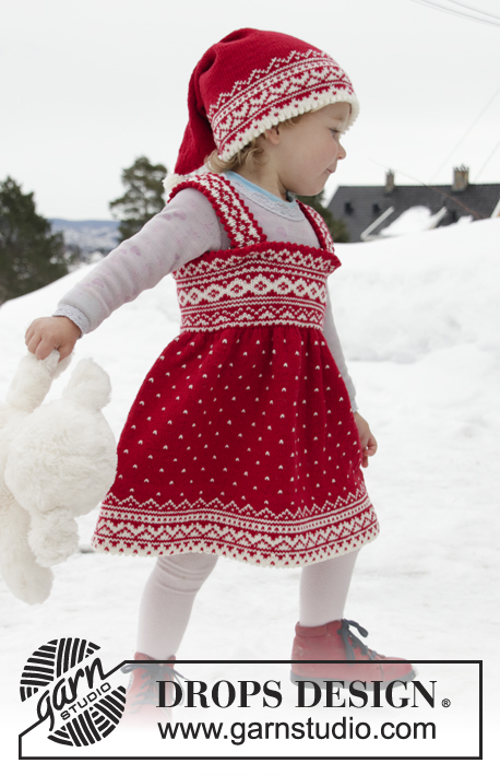 Miss Cookie / DROPS Children 32-2 - Sukienka dziecięca na drutach, przerabiana od góry do doł, z włóczki DROPS BabyMerino, z żakardem norweskim. Od 6 miesięcy do 6 lat.