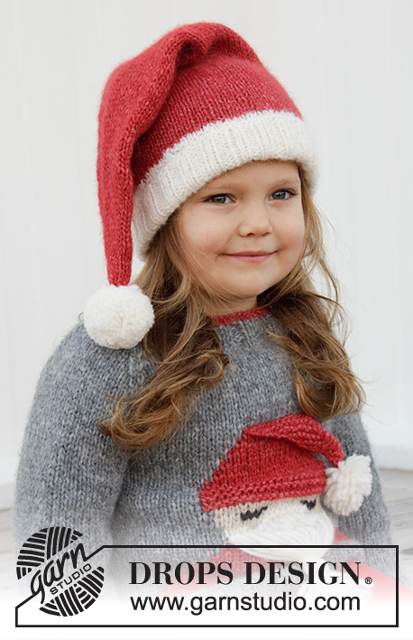 Sleepy Santa Hat / DROPS Children 32-21 - Bonnet Père Noël tricoté pour enfant, en jersey avec côtes, en DROPS Air. Du 3 au 12 ans. Thème: Noël.