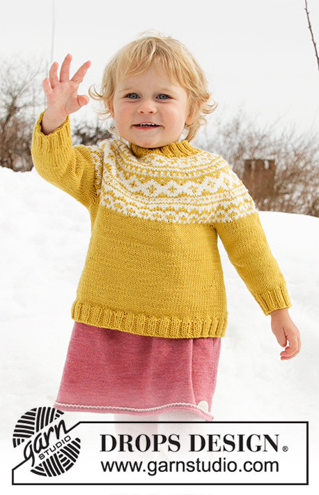 Little Missy / DROPS Children 32-7 - Pulôver tricotado de cima para baixo para bebé e criança em DROPS Merino Extra Fine, com encaixe arredondado em jacquard norueguês. Tamanhos 12 meses - 12 anos.