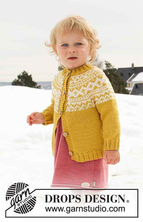 Little Missy Jacket / DROPS Children 32-8 - Dětský propínací svetr s kruhovým sedlem a norským vzorem pletený shora dolů z příze DROPS Lima. Velikost 12 měsíců – 12 let.
