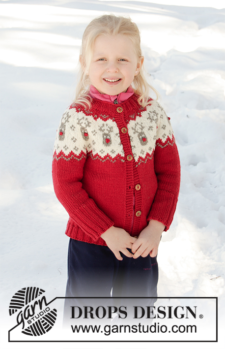 Little Red Nose Jacket / DROPS Children 32-9 - Dziecięcy rozpinany sweterek na drutach, przerabiany od góry do dołu, z włóczki DROPS Merino Extra Fine, z zaokrąglonym karczkiem i żakardem norweskim. Od 12 miesięcy do 12 lat.