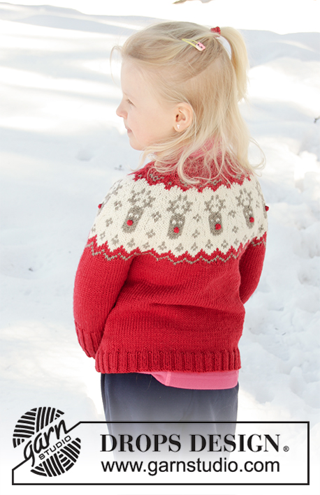 Little Red Nose Jacket / DROPS Children 32-9 - Knitted Christmas jacket for babies and children with round yoke in DROPS Merino Extra Fine. The piece is worked top down, with Nordic pattern. Sizes 12 months – 12 years.