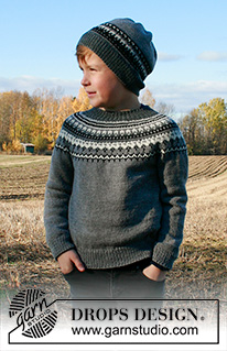 Dalvik / DROPS Children 34-18 - Strikket hue og bluse til børn med nordisk mønster i DROPS BabyMerino. Blusen er strikket oppefra og ned med rundt bærestykke. Størrelse 2-12 år.