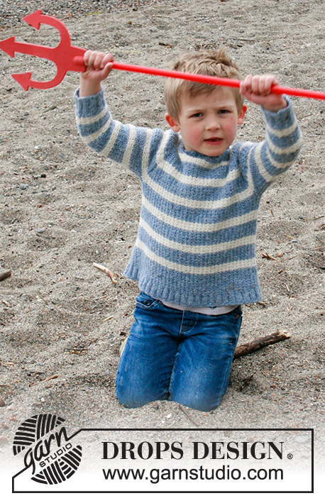 Sky Stripes Jumper / DROPS Children 34-21 - Stickad tröja med ränder till barn i DROPS Sky. Arbetet stickas uppifrån och ner med raglan och strukturmönster. Storlek 2-12 år.