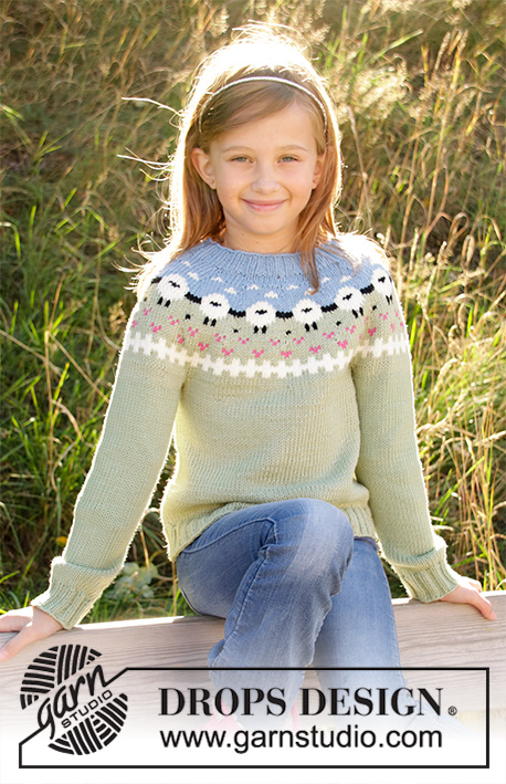 Lamb Dance Sweater / DROPS Children 34-3 - Gebreide trui voor kinderen in DROPS Merino Extra Fine of DROPS Lima. Het werk wordt gebreid van boven naar beneden met schaap, kleurpatroon, boorden en tricotsteek. Maat 3-12 jaar