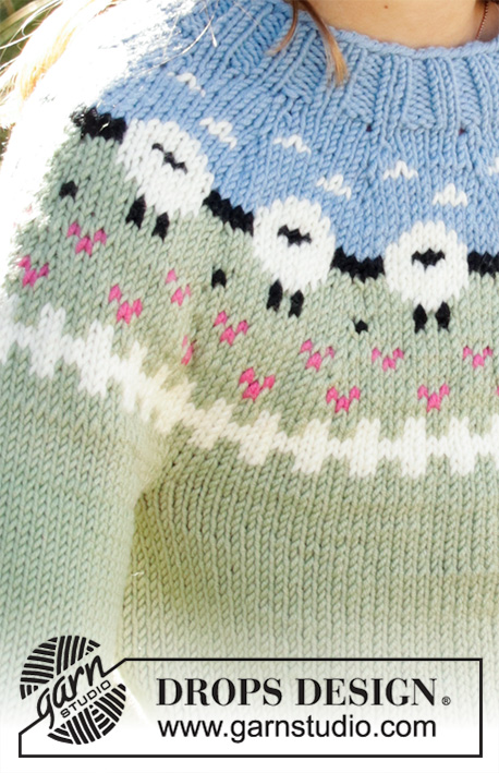 Lamb Dance Sweater / DROPS Children 34-3 - Gebreide trui voor kinderen in DROPS Merino Extra Fine of DROPS Lima. Het werk wordt gebreid van boven naar beneden met schaap, kleurpatroon, boorden en tricotsteek. Maat 3-12 jaar