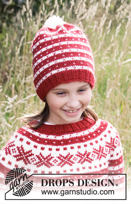 Candy Cane Lane Hat / DROPS Children 34-33 - Gorro tricotado para criança, com ponto Fana nórdico em DROPS Karismaou DROPS Lima. Dos 3 ao 14 anos