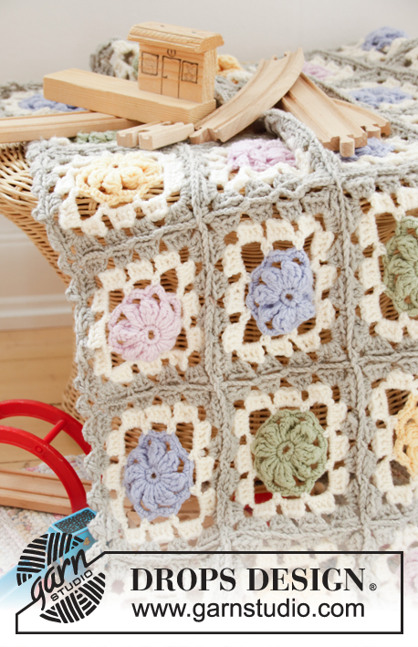 Pastel Dreams / DROPS Children 35-7 - Manta crochetada com quadrados em croché em DROPS Merino Extra Fine. Tema: Manta para Bebé